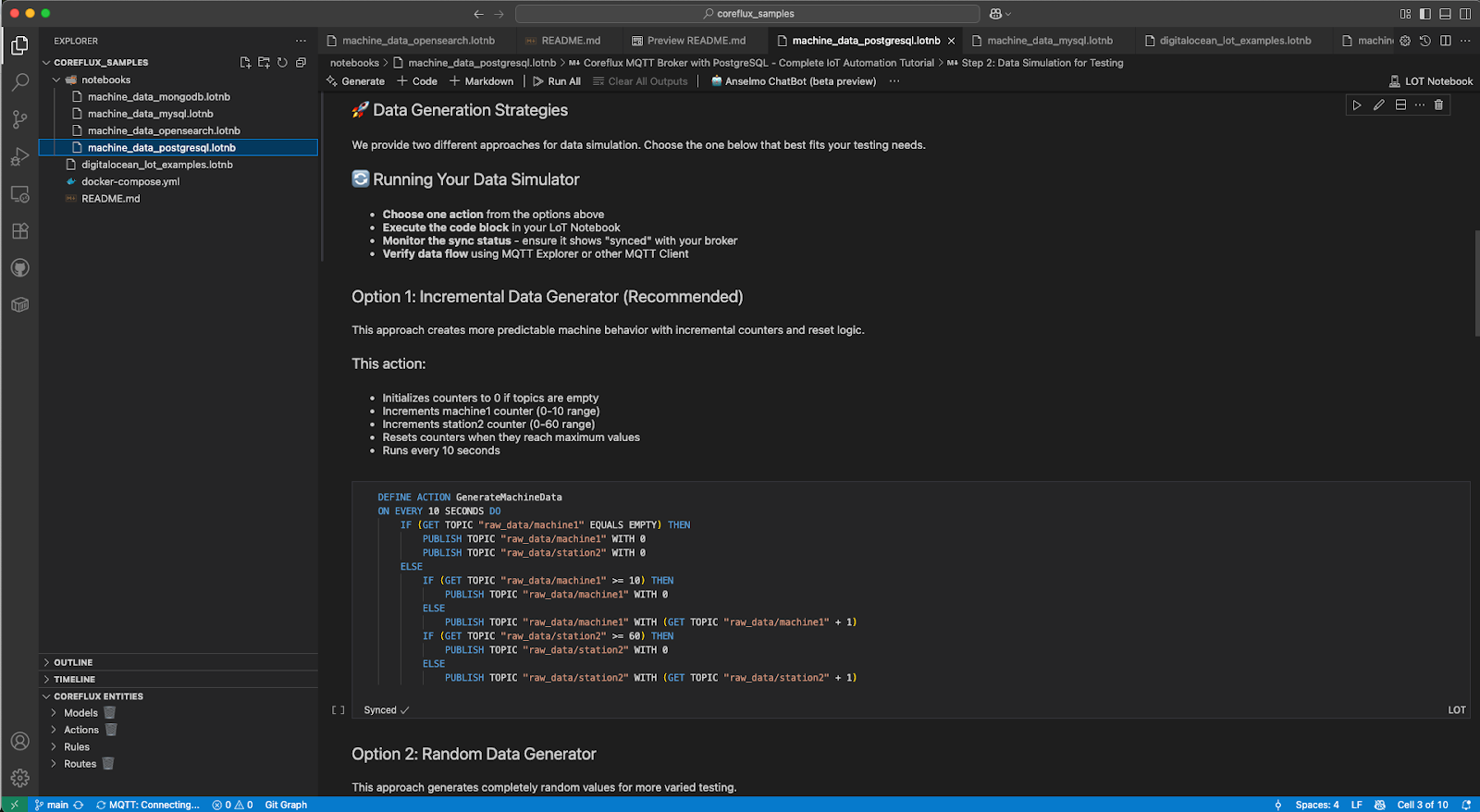 Running LoT action to generate simulated IoT data